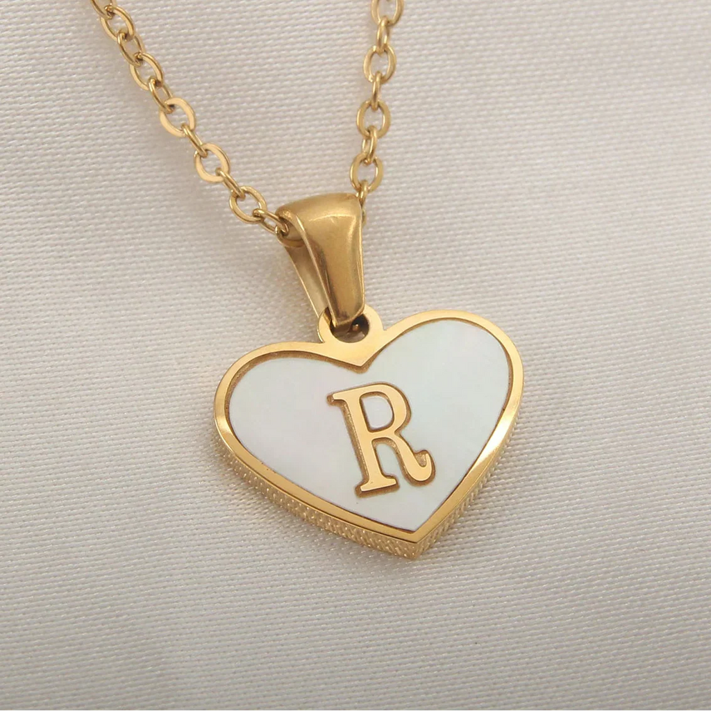 White heart pendant necklace initial r