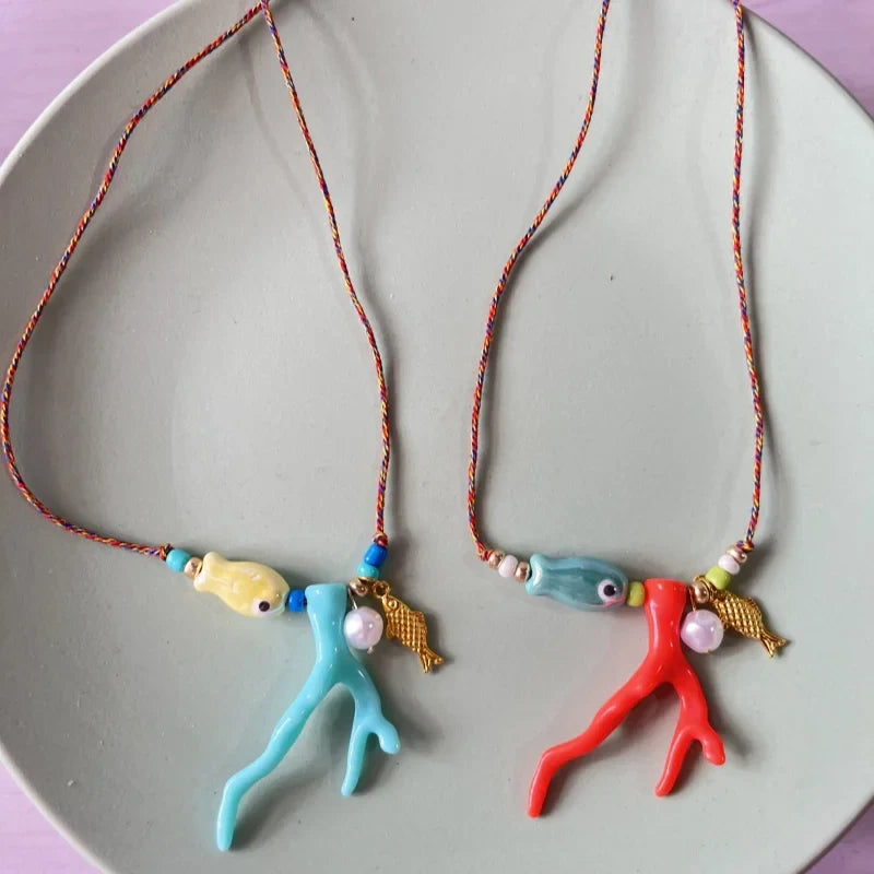 Necklace with Coral and Red Fish Pendant