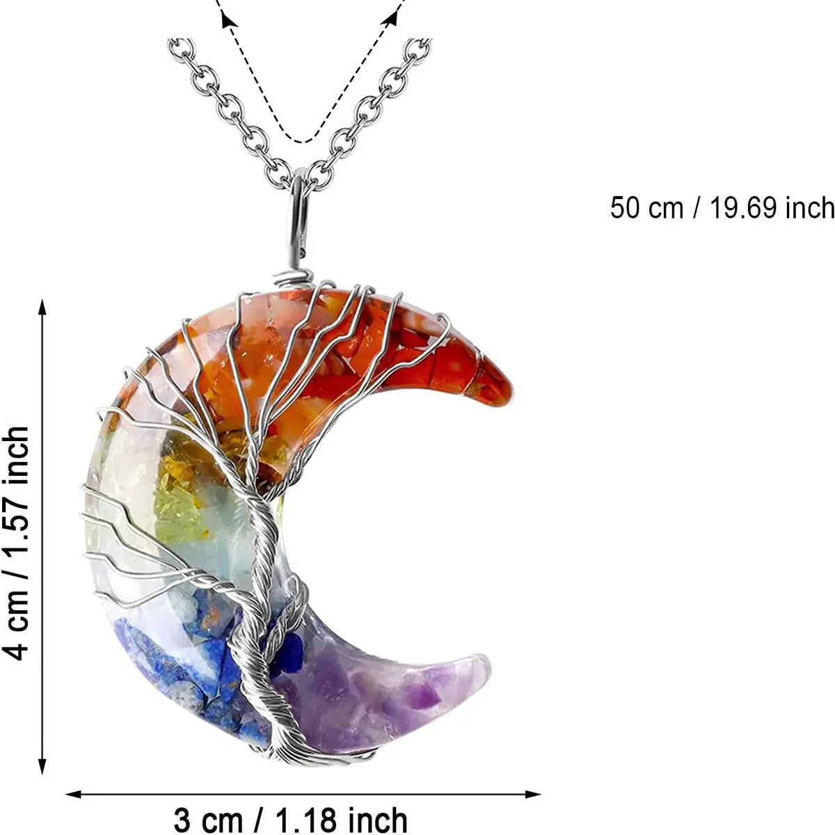 Necklace with Crescent Moon Pendant 7 Chakras