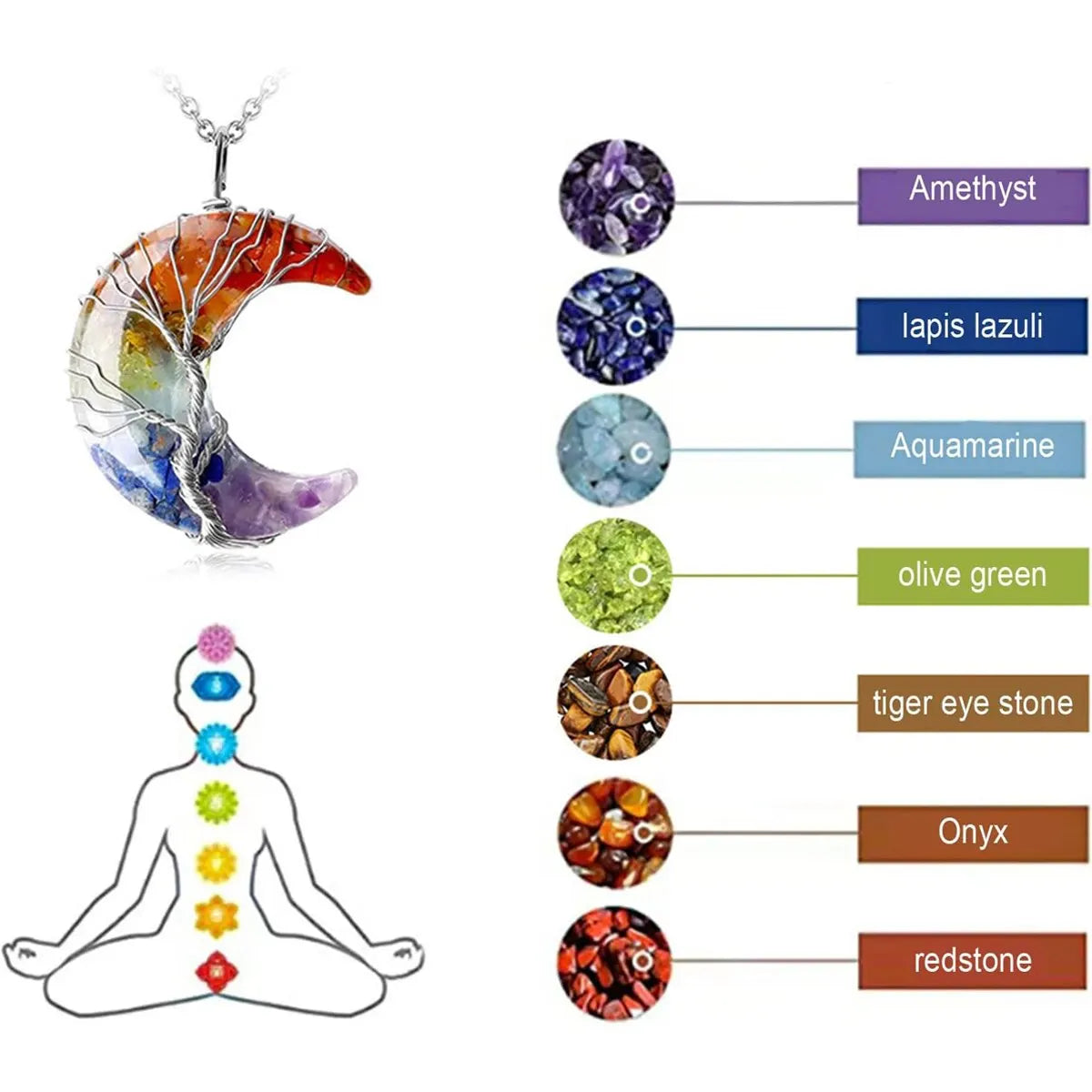 Necklace with Crescent Moon Pendant 7 Chakras