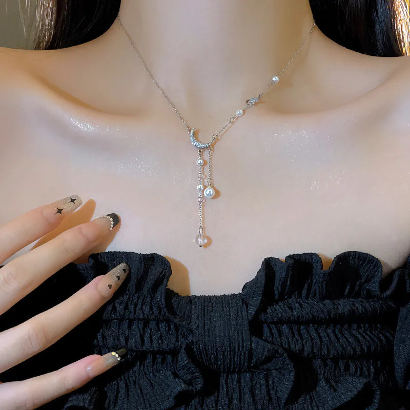 Necklace with Crescent Moon Pendant and Pearls