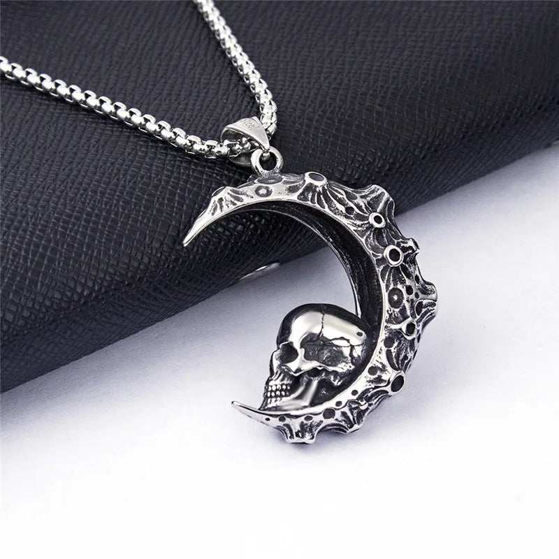 Necklace with Crescent Moon and Skull Pendant