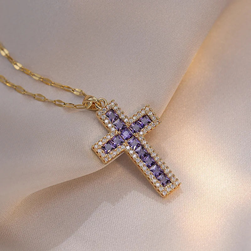 Necklace with Christian Cross Zircon Pendant C