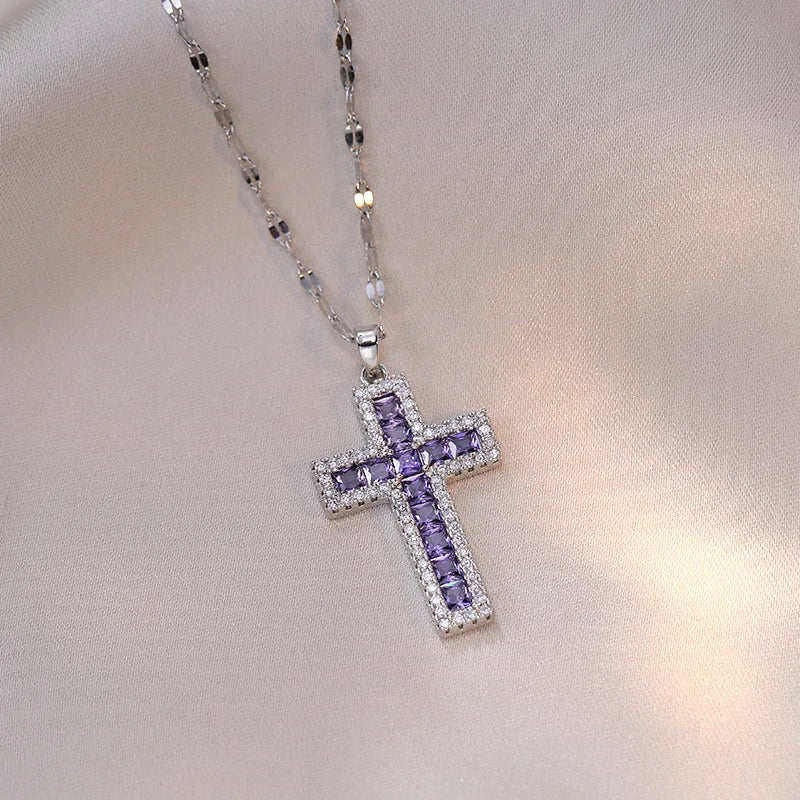 Necklace with Christian Cross Zircon Pendant D