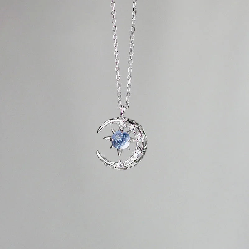 Necklace with Moonstone and Zircon Star Pendant for Women silver