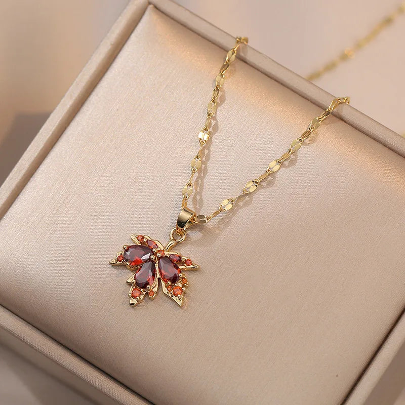 Necklace with Colored Maple Leaf Pendant red
