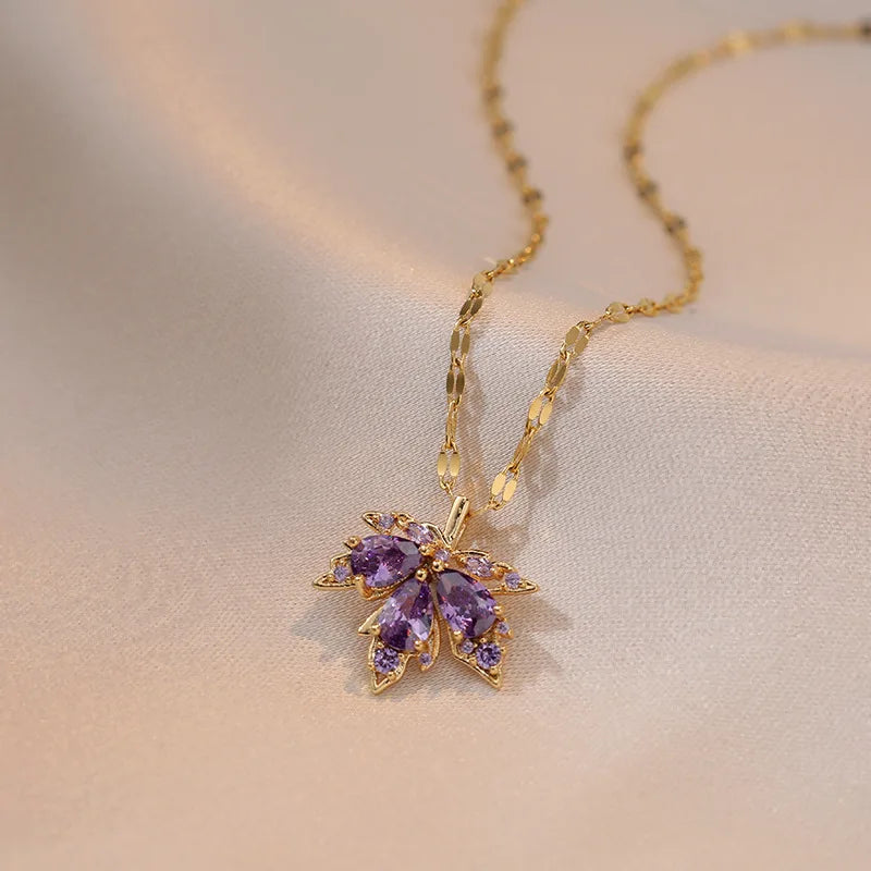 Necklace with Colored Maple Leaf Pendant purple