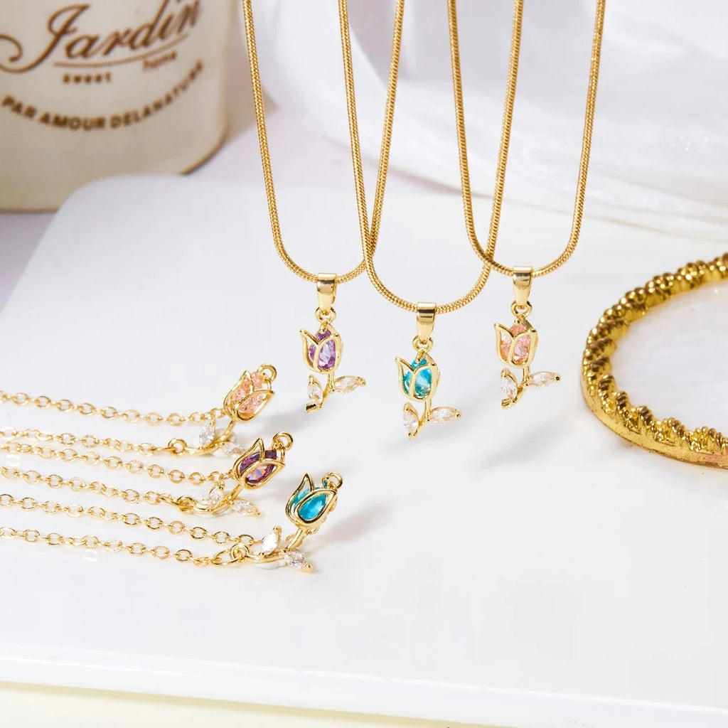 Necklace with Pink Zircon Tulip Flower Pendant