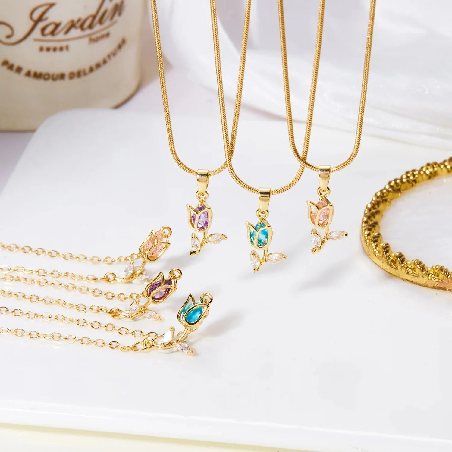 Necklace with Pink Zircon Tulip Flower Pendant