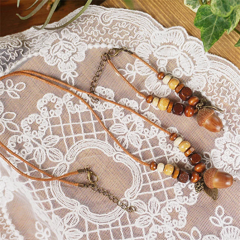 Necklace with Autumn Wooden Tassel Pendant