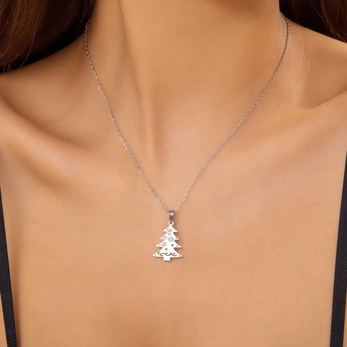 Winter Christmas tree Pendant Necklace silver