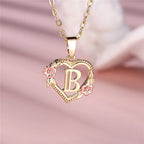 Heart and flowers initial pendant necklace b