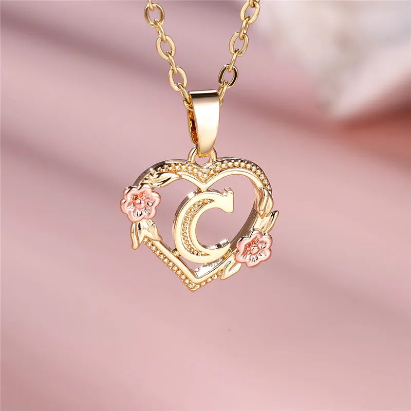 Heart and flowers initial pendant necklace c