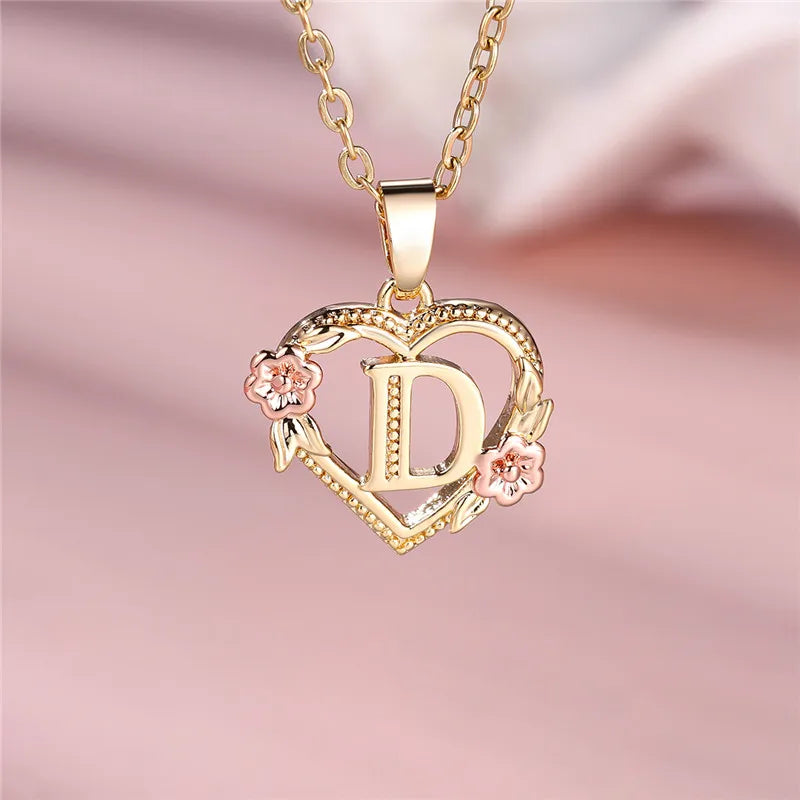 Heart and flowers initial pendant necklace d