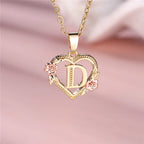Heart and flowers initial pendant necklace d
