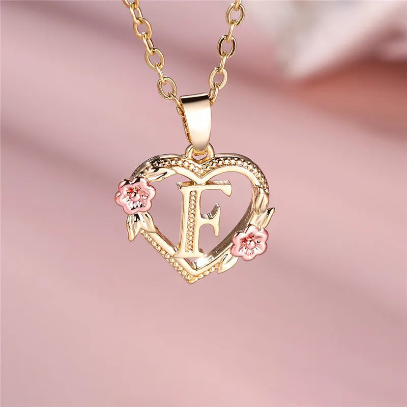 Heart and flowers initial pendant necklace f