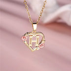 Heart and flowers initial pendant necklace h
