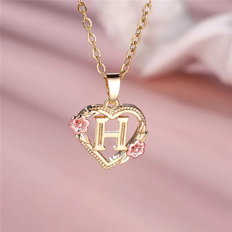 Heart and flowers initial pendant necklace h