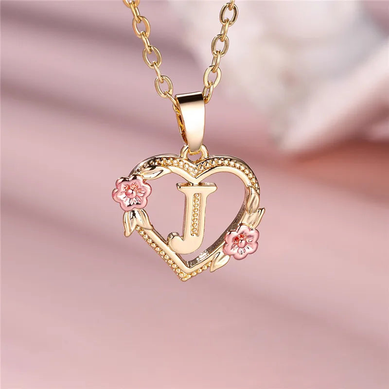 Heart and flowers initial pendant necklace j