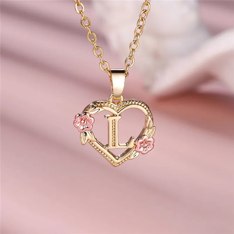 Heart and flowers initial pendant necklace l