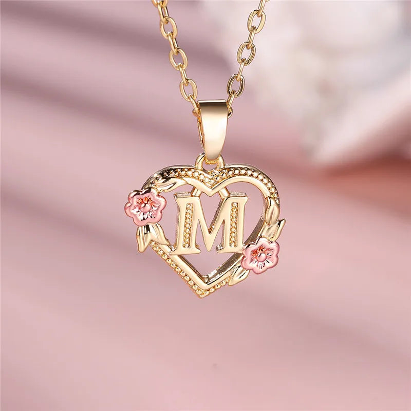 Heart and flowers initial pendant necklace m