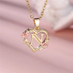 Heart and flowers initial pendant necklace n
