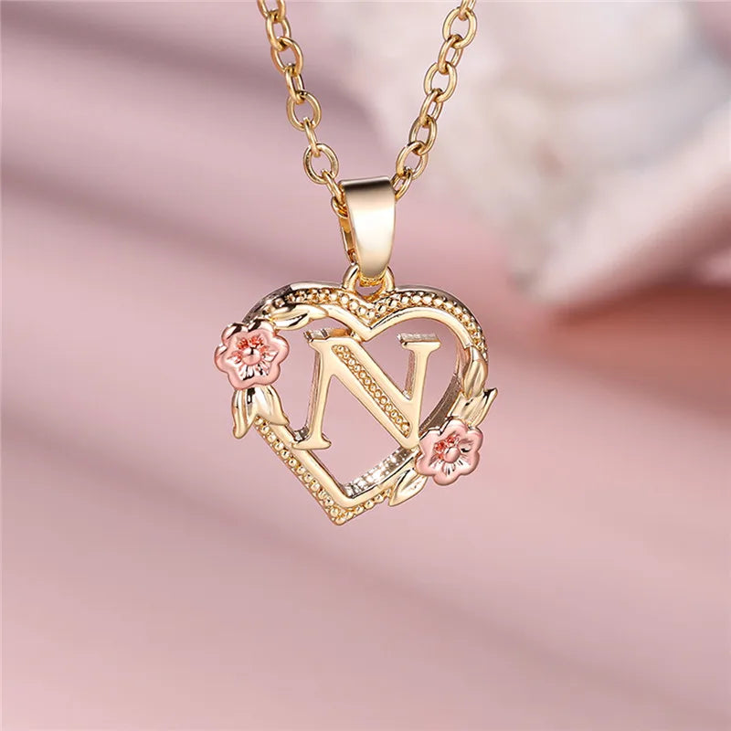 Heart and flowers initial pendant necklace n