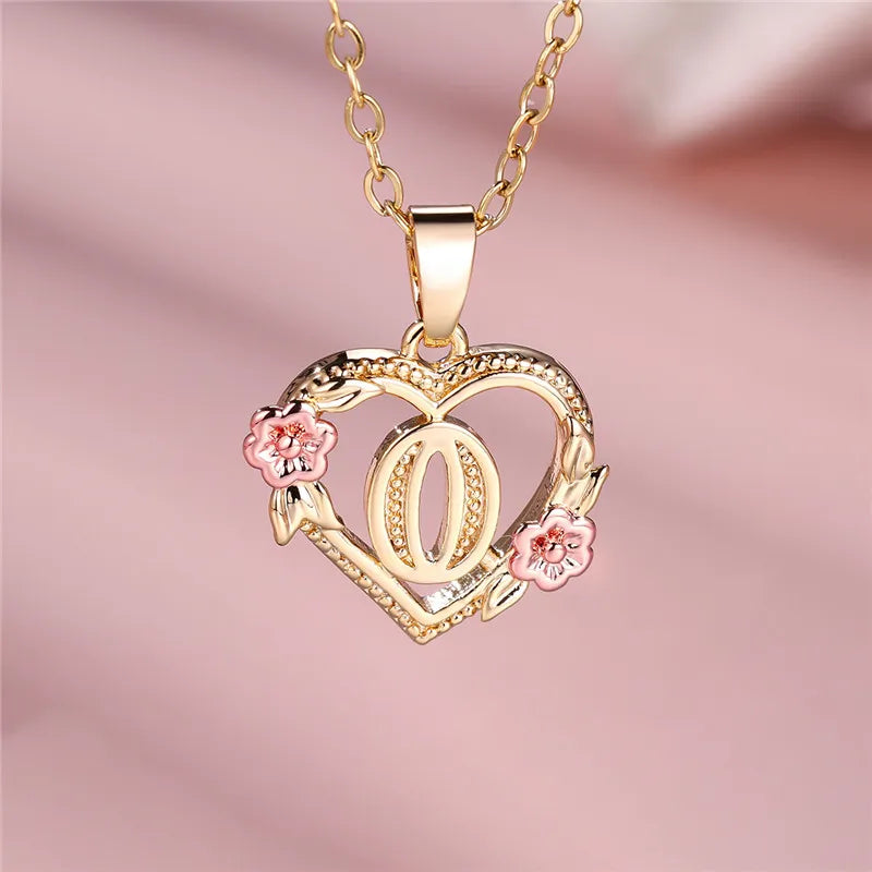 Heart and flowers initial pendant necklace o