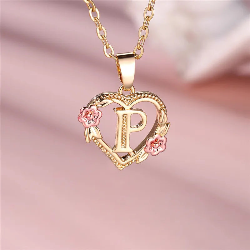Heart and flowers initial pendant necklace p