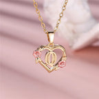 Heart and flowers initial pendant necklace q