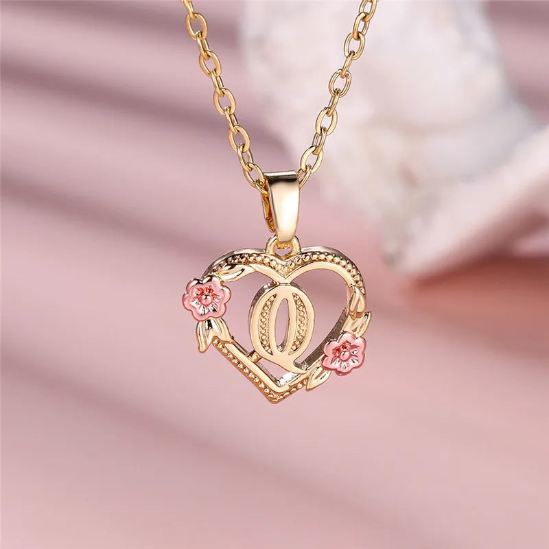 Heart and flowers initial pendant necklace q