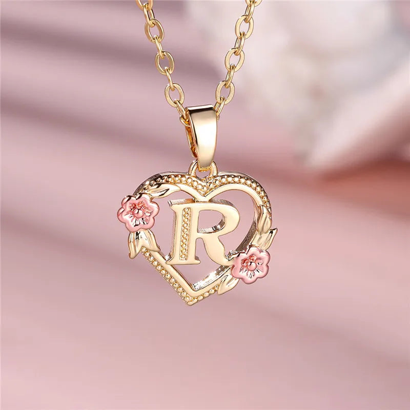 Heart and flowers initial pendant necklace r