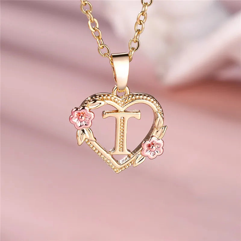 Heart and flowers initial pendant necklace t