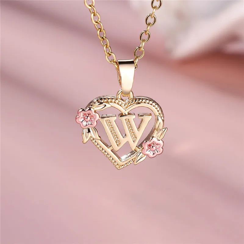Heart and flowers initial pendant necklace w