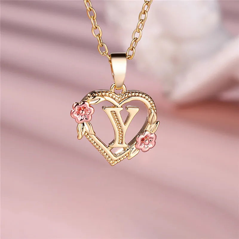 Heart and flowers initial pendant necklace y