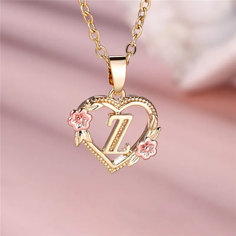 Heart and flowers initial pendant necklace z