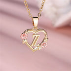 Heart and flowers initial pendant necklace z