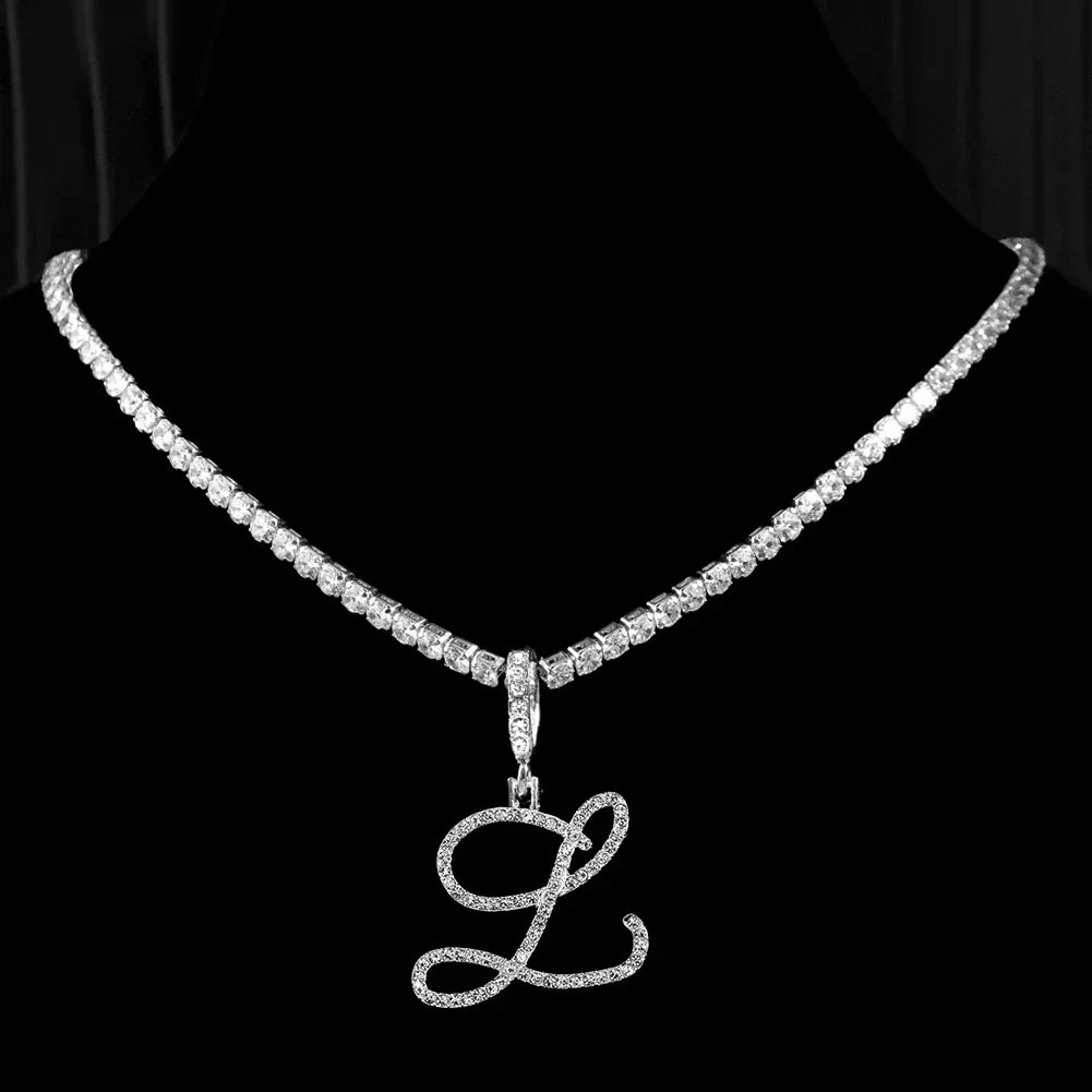 Choker necklace with initial pendant and rhinestones l
