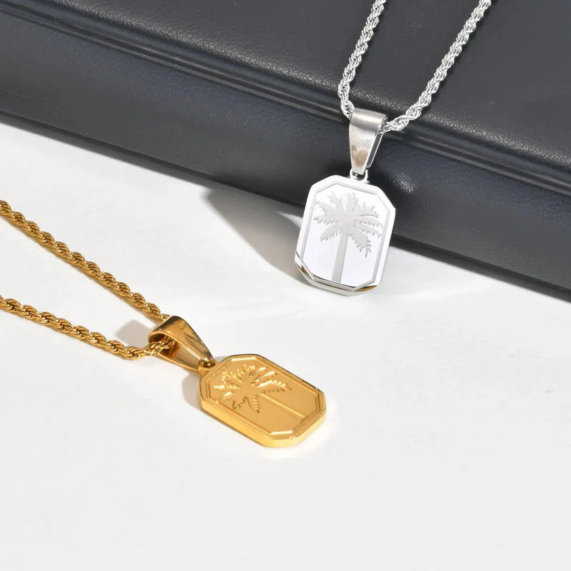 Necklace with Rectangular Palm Tree Pendant Silver