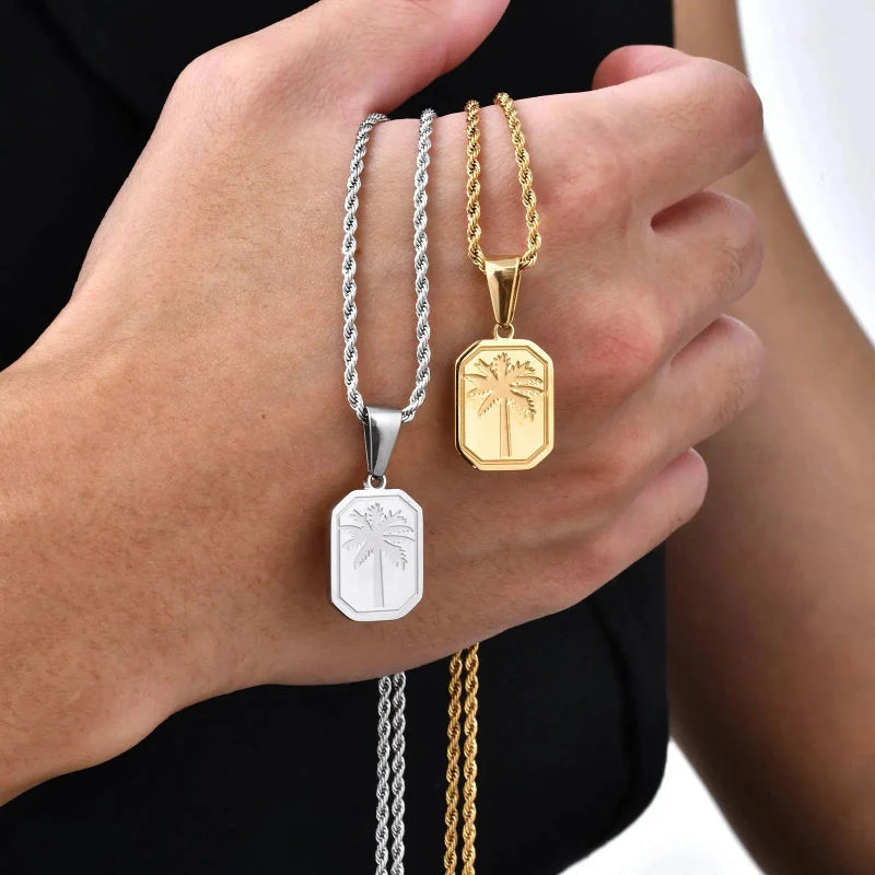 Necklace with Rectangular Palm Tree Pendant Silver