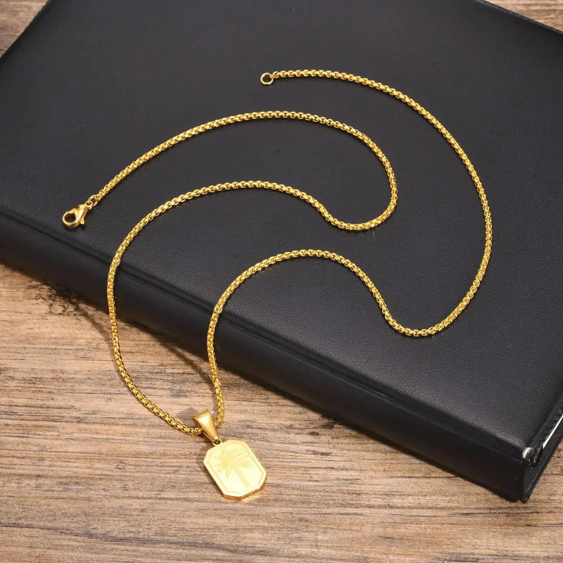 Necklace with Rectangular Palm Tree Pendant Gold