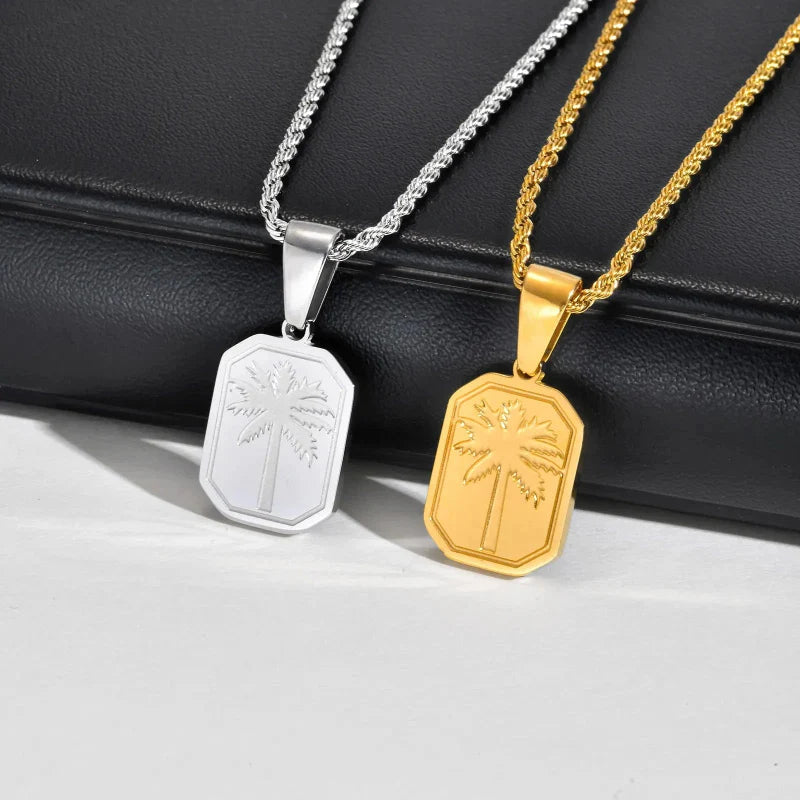 Necklace with Rectangular Palm Tree Pendant Gold