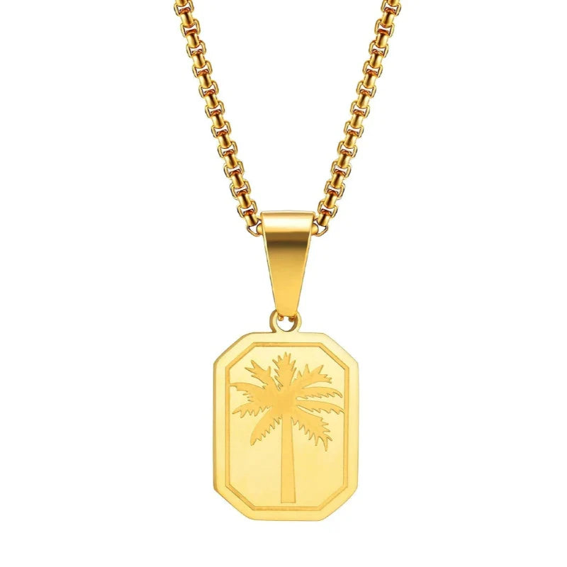 Necklace with Rectangular Palm Tree Pendant Gold