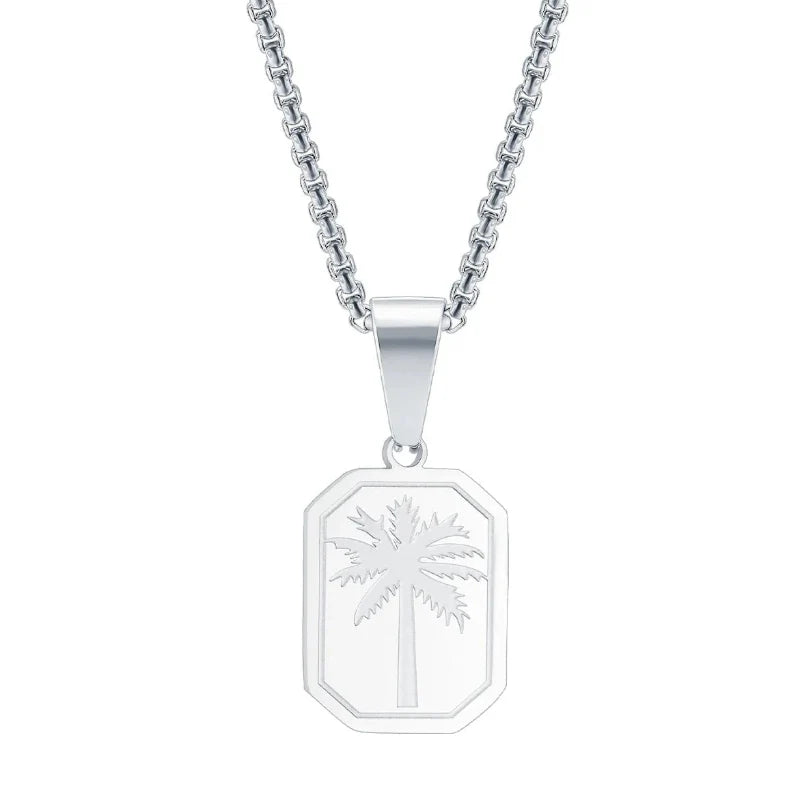 Necklace with Rectangular Palm Tree Pendant Silver