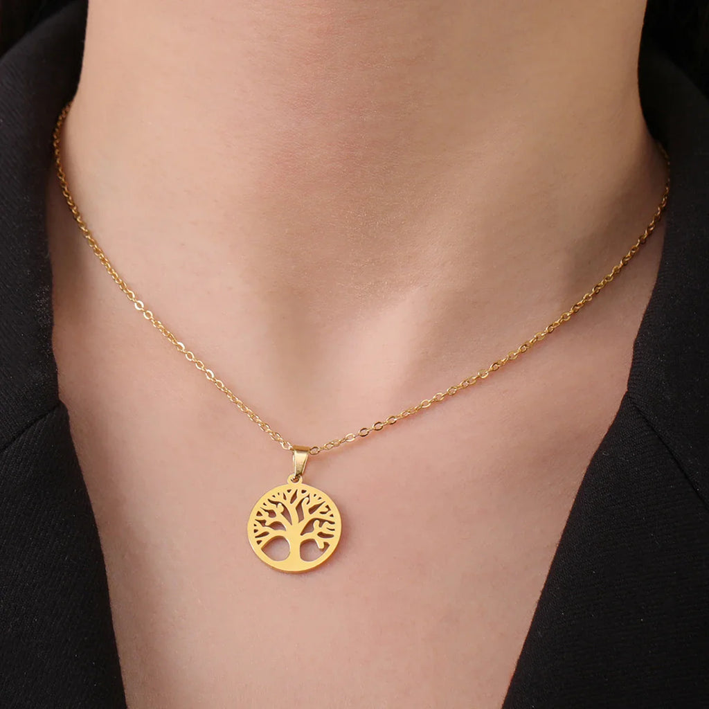 Necklace with Round Tree of Life Pendant for Men or Women in gold