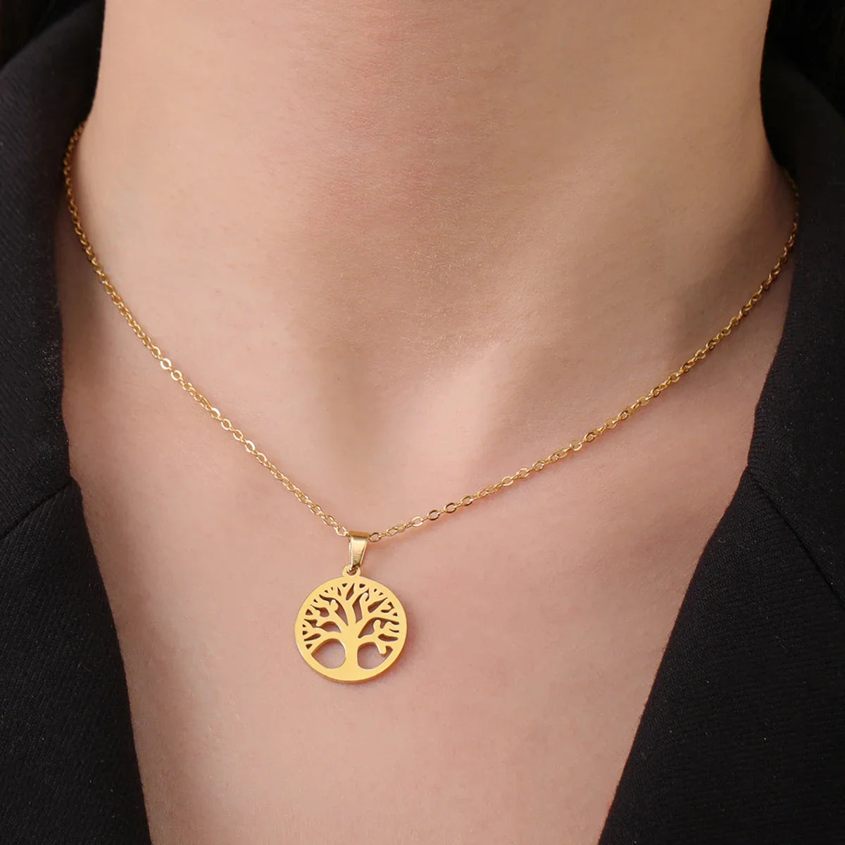 Necklace with Round Tree of Life Pendant for Men or Women in gold