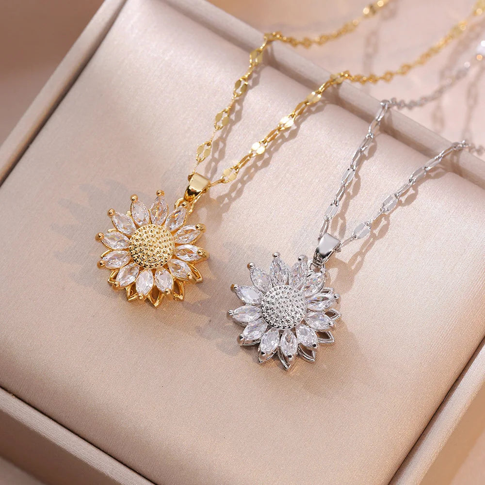 Gold Rotating Flower Zircon Anti-Anxiety Pendant Necklace