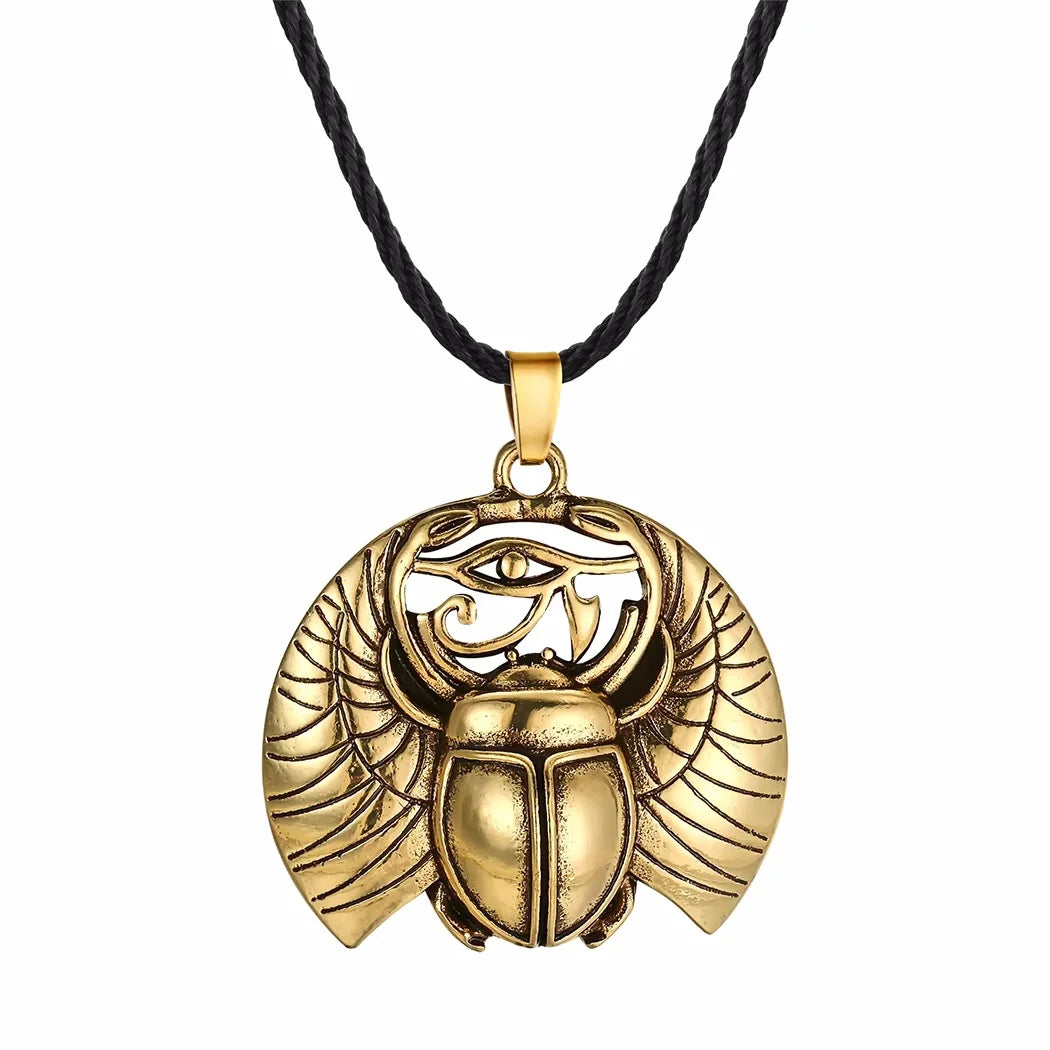 Necklace with Gold Egyptian Scarab and Eye of Horus Pendant 