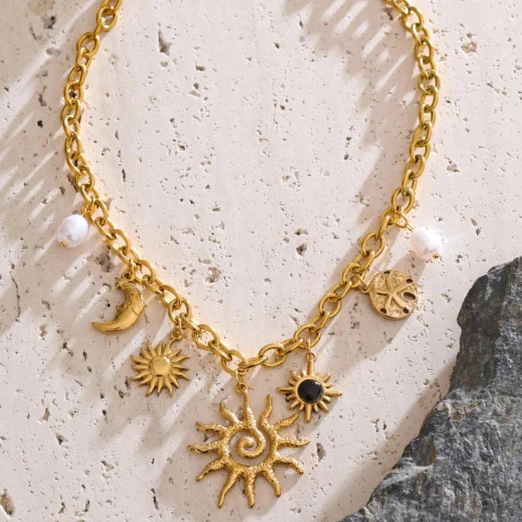 Women’s Necklace with Sun and Moon Pendant