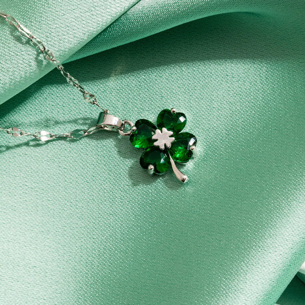Necklace with Colorful Four-Leaf Clover Pendant silver and green